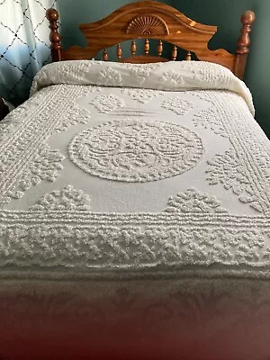 VTG Cotton Natural White Chenille Bedspread Fringe Coverlet Bedding  82x113 • $55