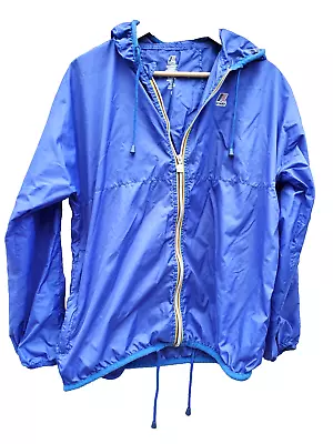 K-WAY Vintage Blue 100% Polymide PACKABLE Hooded Windbreaker Jacket LARGE • $12.99