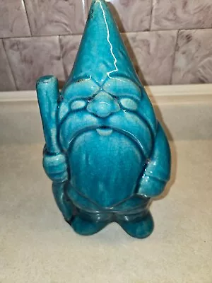 Vintage 10  Glazed Ceramic Aqua Garden Gnome / Wizard - 6  Dia. Free Standing • $24.95