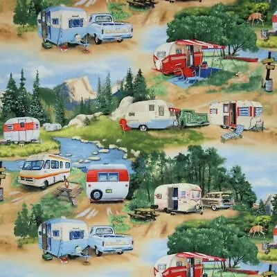 Vintage Travel Trailers  Campers Scenic Mountains Elizabeth's Studio Fabric 3502 • $11.50