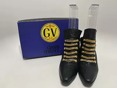 Vtg Gianni Versace Black Leather Chain Boots 35.5 • $160