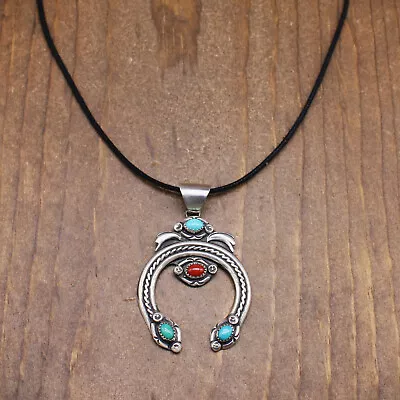 Sterling Silver Vintage Coral And Turquoise Naja Pendant Necklace • $195