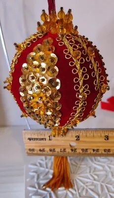 Victorian Style Push Pin Christmas Ornament Red Velvet Gold Sequins Tassel • $15