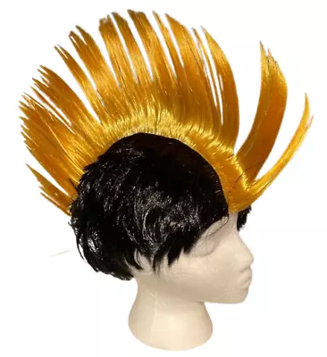 ULTRA YELLOW MOHAWK WIG Funny Spike Punk Rock Clown Black Hair Costume Hat • $18.95