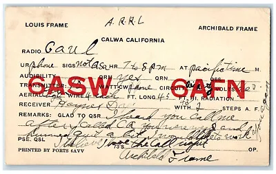 C1920's Louis Archibald Frame Ham QSL Radio Calwa California CA Postal Card • $39.95