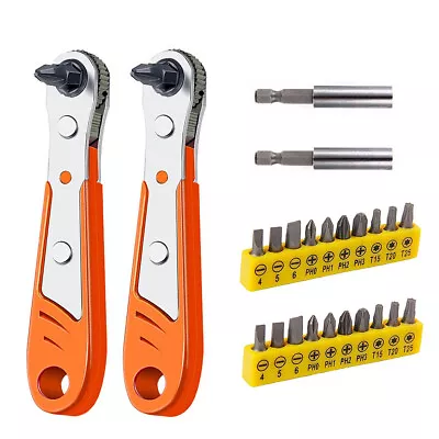 2x Ratcheting Right Angle Screwdriver Hex Drive 90 Degree Offset + 22pc Bits Set • $9.99