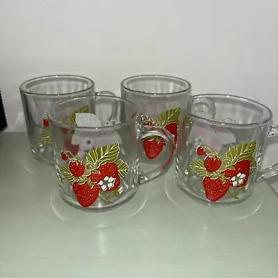 Luminarc VTG Clear Strawberry Pattern Set Of 4 Tea Coffee Glass Cup 10 Oz Mugs • $20