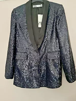 Bnwt Zara Navy Blue Limited Edition Sequin Dinner Jacket Blazer Size Xs • $94.73