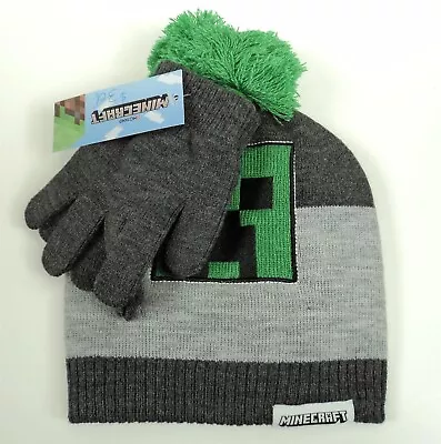  Kid's Youth Minecraft Creeper Beanie Winter Hat & Gloves Set W/ Pom Pom - New • $13.27