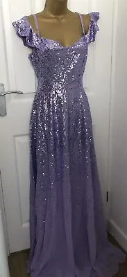 £35 • Buy Goddiva Lavender Sequin Chiffon Prom Dress UK 12 Flutter Sleeve Maxi Long