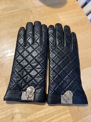 Michael Kors Quilted Genuine Black Leather Hamilton Lock Gloves Large  RRP $98 • $50