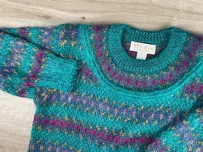 Nordic Mohair Sweater Size Small Vintage 80s 90s Tunic Fair Isle Teal Green • $29.99