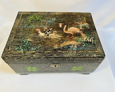 Vtg Japan Blk Distressed Wood Music Jewelry Box Velour Lined Hand Painted WORKS! • $34.95