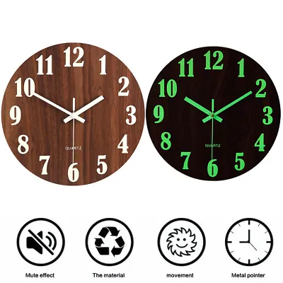 £10.95 • Buy 12  Round Luminous Wall Clock Silent Glow In The Dark Wooden Home Bedroom Decor