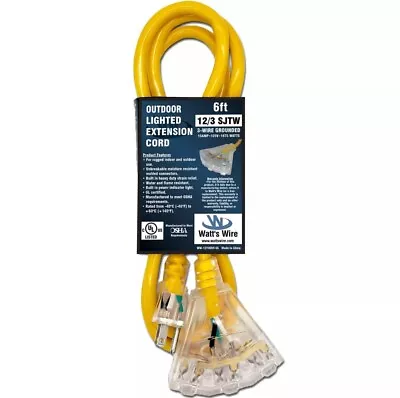 6ft Heavy Duty 12 Gauge Lighted 3 Outlet Extension Cord 6' 12 3 In/Outdoor SJTW • $24.95