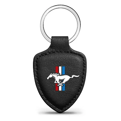 Ford Mustang Tri-Bar Logo Black Real Leather Shield-Style Key Chain • $19.99