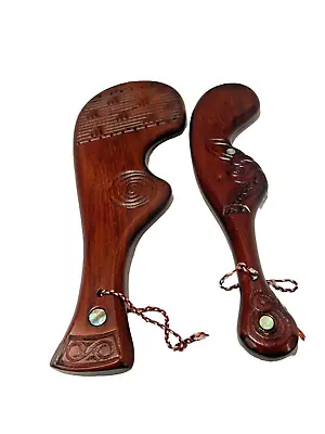 Pair 2 New Zealand Maori Patu Club Wood Hand Carved Paua Shell Inlets Decoration • $85