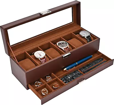 Watch Box Organizer For Men 6 Slot Watch Display Case With Drawer Mens Watch B • $34.99