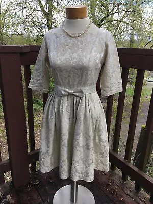 Vintage 1960s Dress Small Fit & Flare Ivory Brocade Wedding Bridal Cocktail • $45