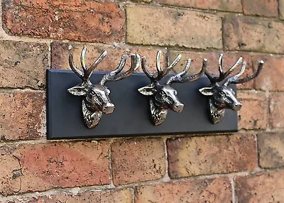 Triple Stag Head Silver Ornament Wall Mounted Black Wooden Plinth Modern Art New • £27.90