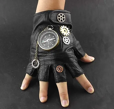 Steampunk Cosplay Compass Gears Fingerless Real Leather Gloves Men/womens • $22