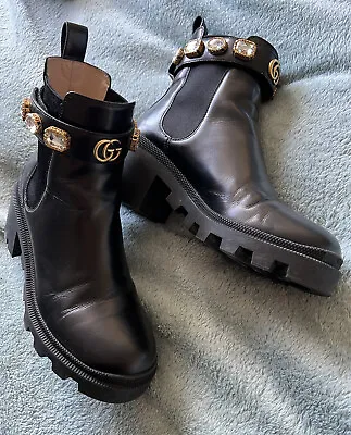 £750 • Buy GUCCI Chelsea Real Leather Black Ankle Boots With Belt Size 38 UK 5