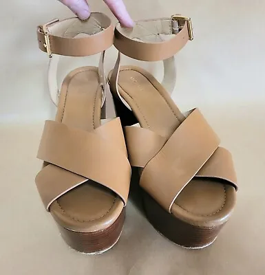 Michael Kors Leather Wedge Sandals Womens 8 Brown Crossover Strappy Heel • $20