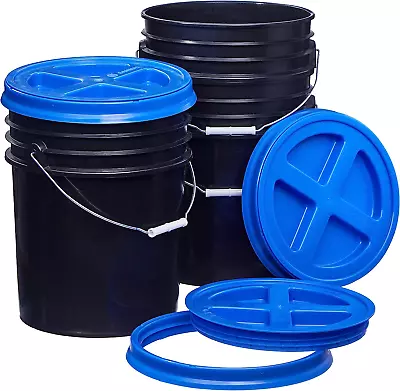 5 Gallon Black Food Grade Buckets + Blue Gamma Seal Lids BPA Free Container Sto • $92.99