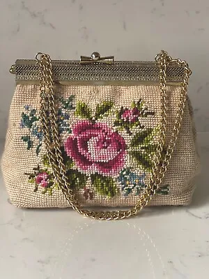 Vintage 50's-60's Floral Tapestry Needlepoint Handbag Purse Gold Tone Hardware • $19.99