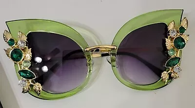 Victorian Trading Papillion Floral Rhinestone Sheer Green Cat Eye Sunglasses 41B • $29