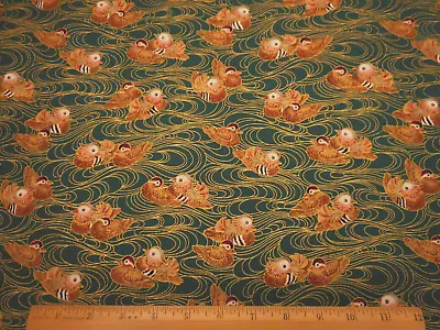 Quilt Fabric By Yard Brown Mallard Ducks Metallic Gold Dk Aqua Premium Cotton #C • $9.49