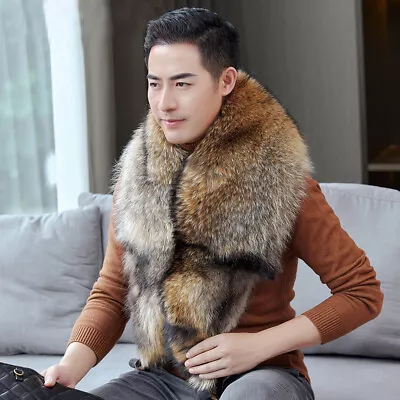 Men's Real Raccoon Fur Scarf Collar Winter Shawl Wraps Neckerchief Natural Brown • $126.65