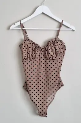 Asos Naanaa Body Suit Womens Size 8 Beige Polka Dot Milkmaid Sheer Strap  • £5.25
