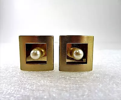 Signed ANSON Cufflinks Mid Century Modern Brushed Gold Tone W/ Simulated Pearl • $10.79