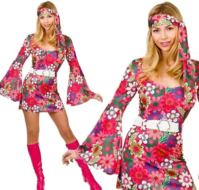 Ladies Retro Go Go Girl Costume Adult 60s 70s Hippy Hippie Fancy Dress Outfit • £12.99