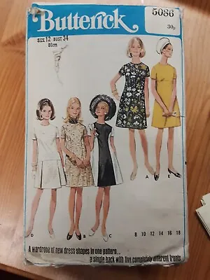 Vintage 1960s Butterick 5086 Short Sleeve Shift Dress Pattern 5 Styles Size 12 • £5