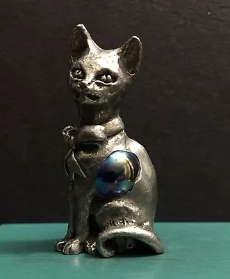 Pewter Kitty Cat Kitten Bow Tie Blue Marble Ball Diorama Miniature Art Figurine • $16.99