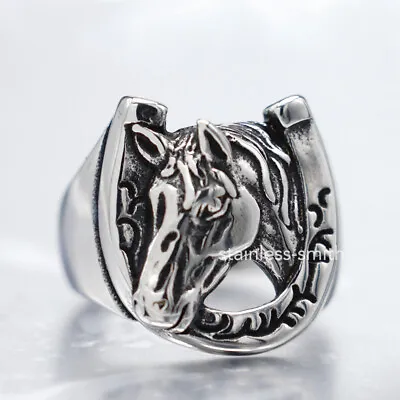 Mens Womens Stainless Steel Wild Horse Head Shoe Horseshoe Ring Size 6 7 8 9-15 • $19.99