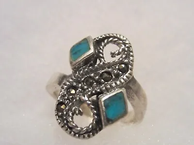 Turquoise And Marcasite Sterling Silver Ring Vintage Size 7 - 8.5 - 9 • $39.95