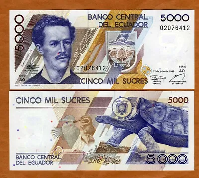 Ecuador 5000 (5000) Sucres 12-7-1999 P-128 AO-Serie UNC Obsolete Pre-USD$ • $3.13