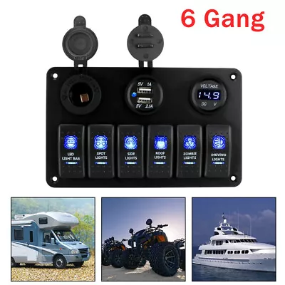 6 Gang 12V Switch Panel LED Light USB Rocker Circuit Breaker Car RV Boat Marine • $44.59