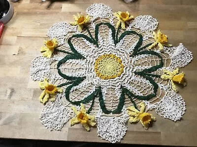 Vintage 21  Yellow Crocheted 7- 3D Daffodils/ Jonquils Lace Doily • $14.50