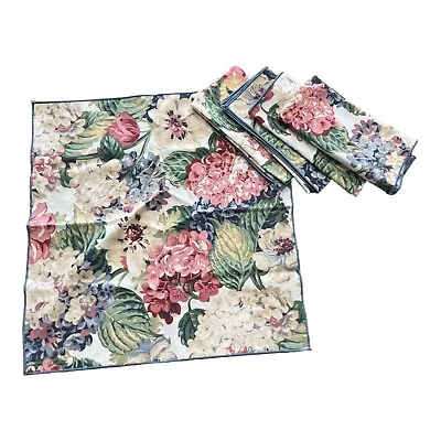 5 VINTAGE 1980s 1990s CHIC SHABBY CLOTH NAPKINS FLORAL HYDRANGEA ROSES EUC • $12.99