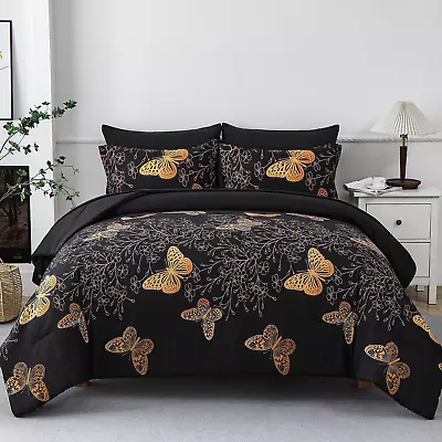 7 Piece Bed In A Bag Queen Size Comforter Set Black Bedding Set Gold Butterfly  • $61.11