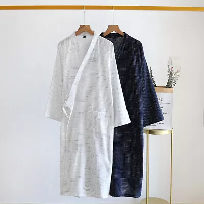 Men Kimono Robe Sleepwear Cotton Sauna Bathrobe Nightwear Striped Japanese Soft • $28.29