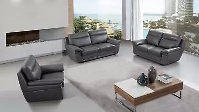 3PC Gray Modern Contemporary Top Grain Leather Sofa Loveseat Chair Set • $3995