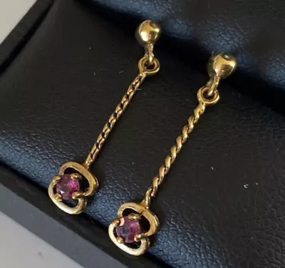 Very Nice 9CT Yellow Gold Garnet Dangle Earrings • £69