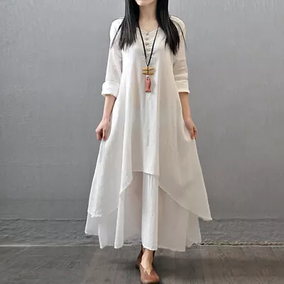 PLUS SIZE Women Dress V Neck Long Sleeve Boho Cotton Linen Sundress Solid Maxi • $23.34