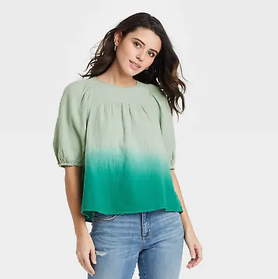 $9.49 • Buy Women's Dip-Dye Puff Short Sleeve Gauze Blouse - Universal Thread Green Hombre S