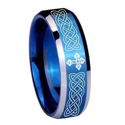 8mm Celtic Cross Beveled Edge Blue Mens Wedding Rings Tungsten • $19.99